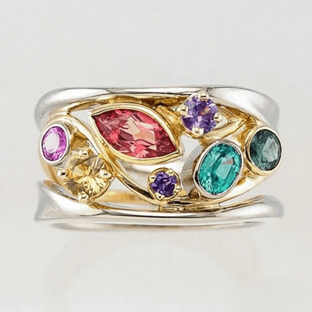 Vintage gouden en zilveren kleurrijke zirkonia ring