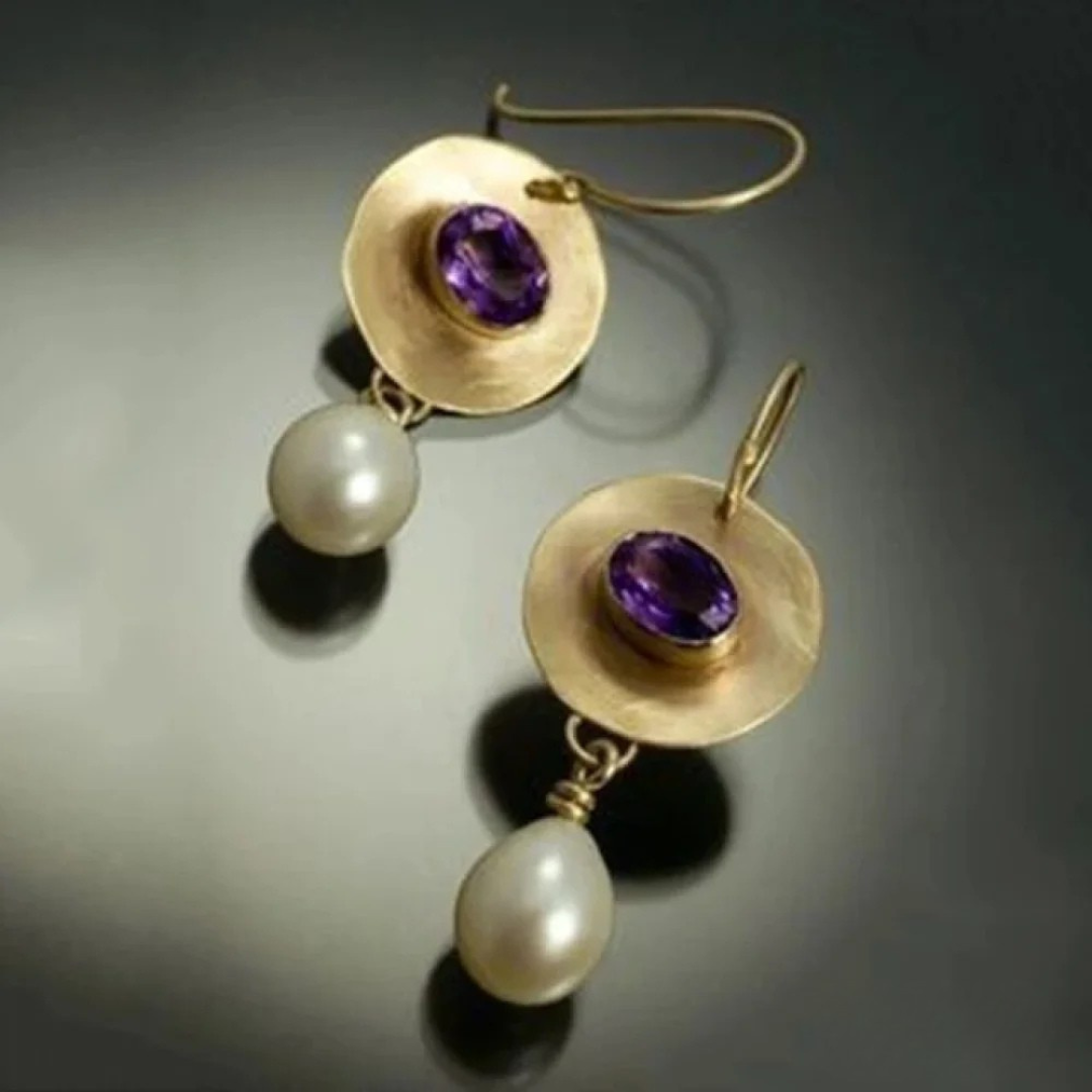 Vintage Gouden Paarse Zirkonia Parel Oorbellen