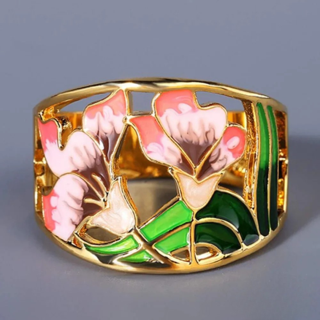 Gouden emaille vintage bloemenring