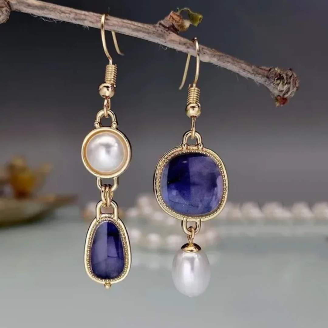 Vintage Blauwe Steen Parel Oorbellen