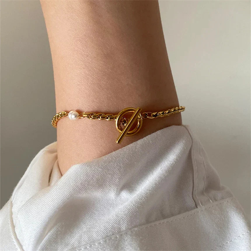 Vintage parel armband met stainless steel