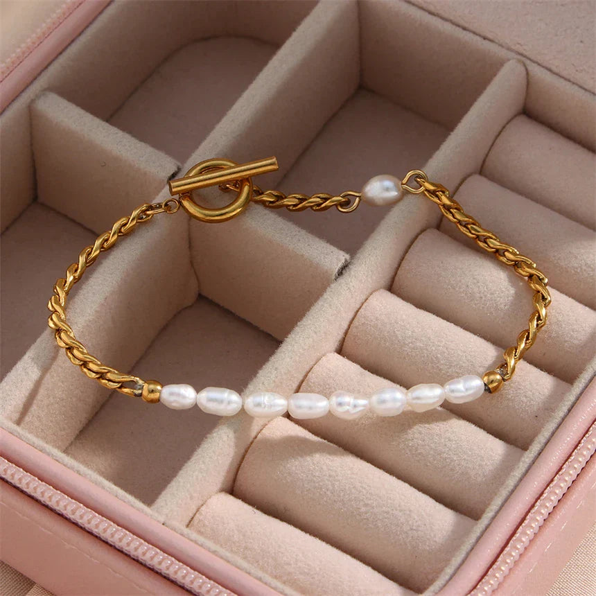 Vintage parel armband met stainless steel